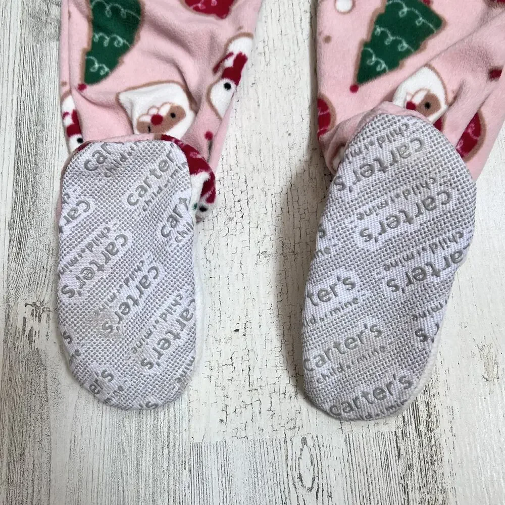 🍄 3/$15 Carter’s Fleece Footie Pajamas Girls 2T Pink Christmas Santa Snowman